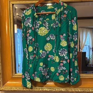 Loft Green Floral Ruffle Neck Top - Size M